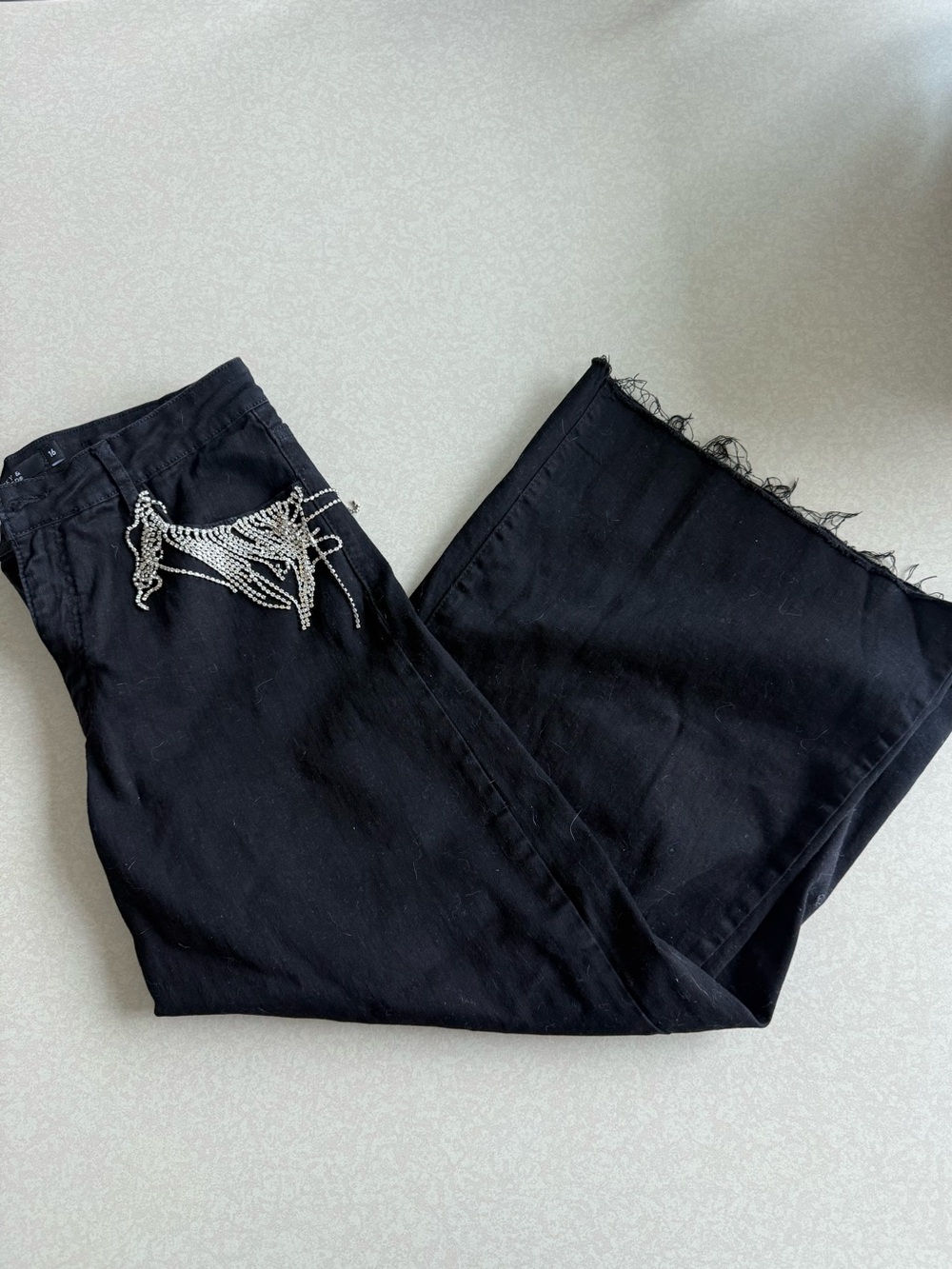 Black Women's Jeans with Fringe Hem and Chain Accent